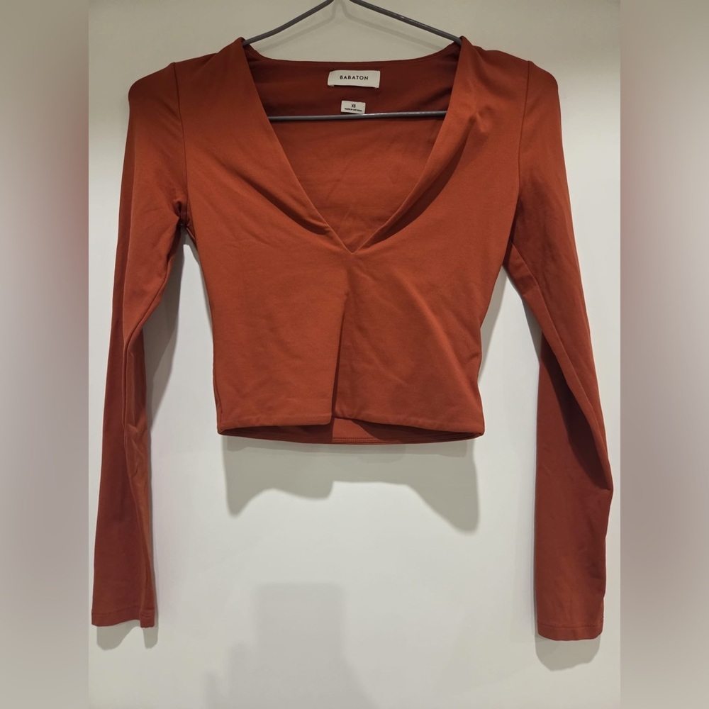 Babaton Terracotta Long Sleeve V-Neck Top